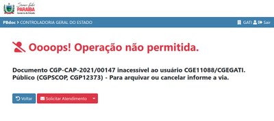 Operação não permitida Tela de aviso para operação não permitida