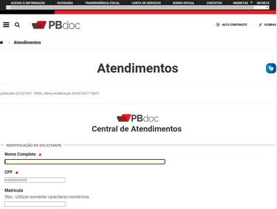 Tela de atendimento Tela para abertura de chamados